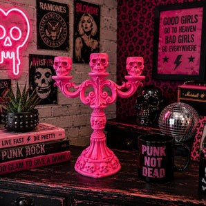 New Large Pink Halloween Skull Candelabra Candle Stick Holder Holiday Room Decor