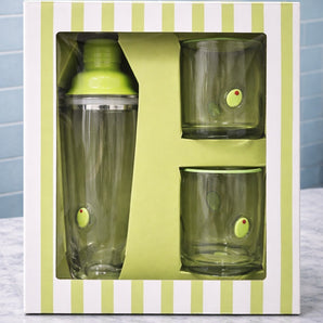 New Glass Blown Olives Martini Cocktail Shaker W/ 2 Glasses Barware Tumbler Set