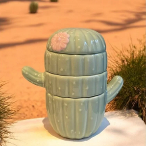 New Cermatic Green & Pink Catus W/ Flower 4 Stackable Kitchen Measuring Cups