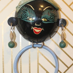 Vtg 1990s African American Folk Art Doll Tribal Girl Coconut Head Towel Holder
