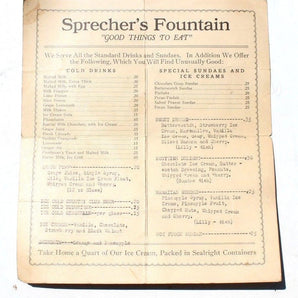 RARE Vintage 1920s - 1930s Sprecher's Fountain Ice Cream Shop & Restaurant Menu 