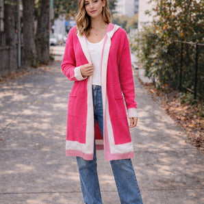 Womens Long Sleeve Knitted Pink White Sweater Jacket Casual Top W/ Hoodie Small