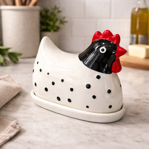 New Ceramic Hen / Rooster Spotted Farmhouse Farm Kitchen Butter Dish
