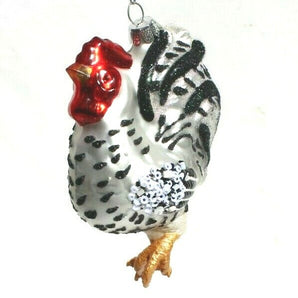 White Rooster Cock Chicken Blown Glass Handcrafted Christmas Tree Ornament 