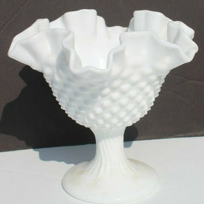 Vintage White Milk Glass Hobnail Ruffle Bubbled Elevated Candy Dish 6" Tall