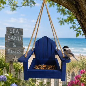 New Outdoor Blue Wood Coastal Cottage Adirondack Beach Hanging Chair Bird Feeder