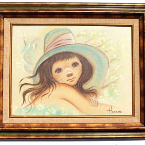  Rare Vtg OIL PAINTING ABSTRACT MODERNISM Retro Little Girl In Hat Signed Heston