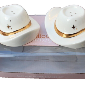New Gold / White Retro Modern Cowboy Cowgirl Hat Salt & Pepper Shaker Set