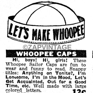 Vintage 1930s B&W WHOOPEE CAPS Hat 12 Cents Advertisement Ad Photo #2825