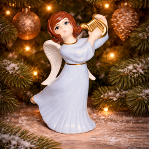 Vintage Brown Hair Atlantic Mold Ceramic Angel W/ Harp Christmas Statue Figure