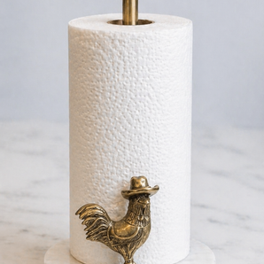 New Western Metal Marble Rooster  Bird W/ Hat Table Top Paper Towel Holder
