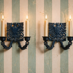 2 Vintage Cast Iron Wilton Blue Eagle Crest Candle Holder Wall Display Set