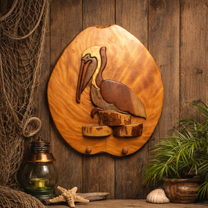 Vintage Handmade Unique Wood Wall Rack / Hook Hanging Pelican Beach Wall Art