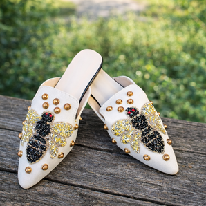 Bumble Bee Print Slip-On Loafers Sparkling Rhinestones & Pearl Embellishments