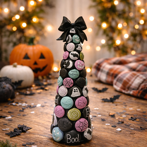 New Halloween Ghoulish Macaroon Glittered Black Bow Decor Tree Spooky Accents