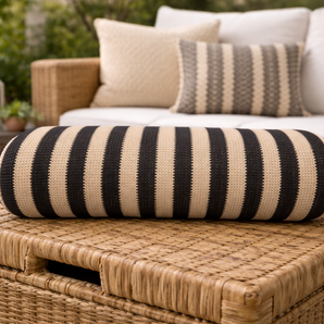 New Tan / Black Textured Stripped Outdoor Long Rope Round Pool Throw Pillow