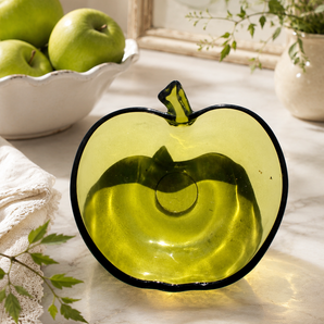 Vintage MCM 1960s GLASS Green Apple Bowl Trinket Dish Ashtray