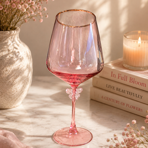 New Girly Pink Bow Gold Rim Capacity Red Wine Glasses Cup W/ Stem Glass Goblet