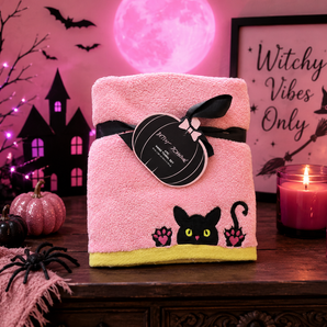 2 Betsey Johnson Pink Halloween Looking Cat Hand Towels 16x26 Cotton Embroidered