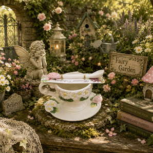 Garden Collection Corner Ruby White Daisy & Rose Flower Tea Cup w/Saucer & Spoon