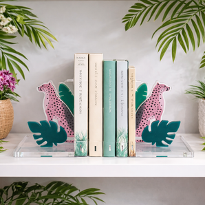 New Pink Green Acrylic Bed Room / Office Jungle Safari Cheetah Bookend Set