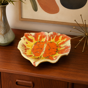 Vtg 1965 ORANGE Large MCM Treasure Craft Leaf Shaped Nut / Candy Dish Stamped